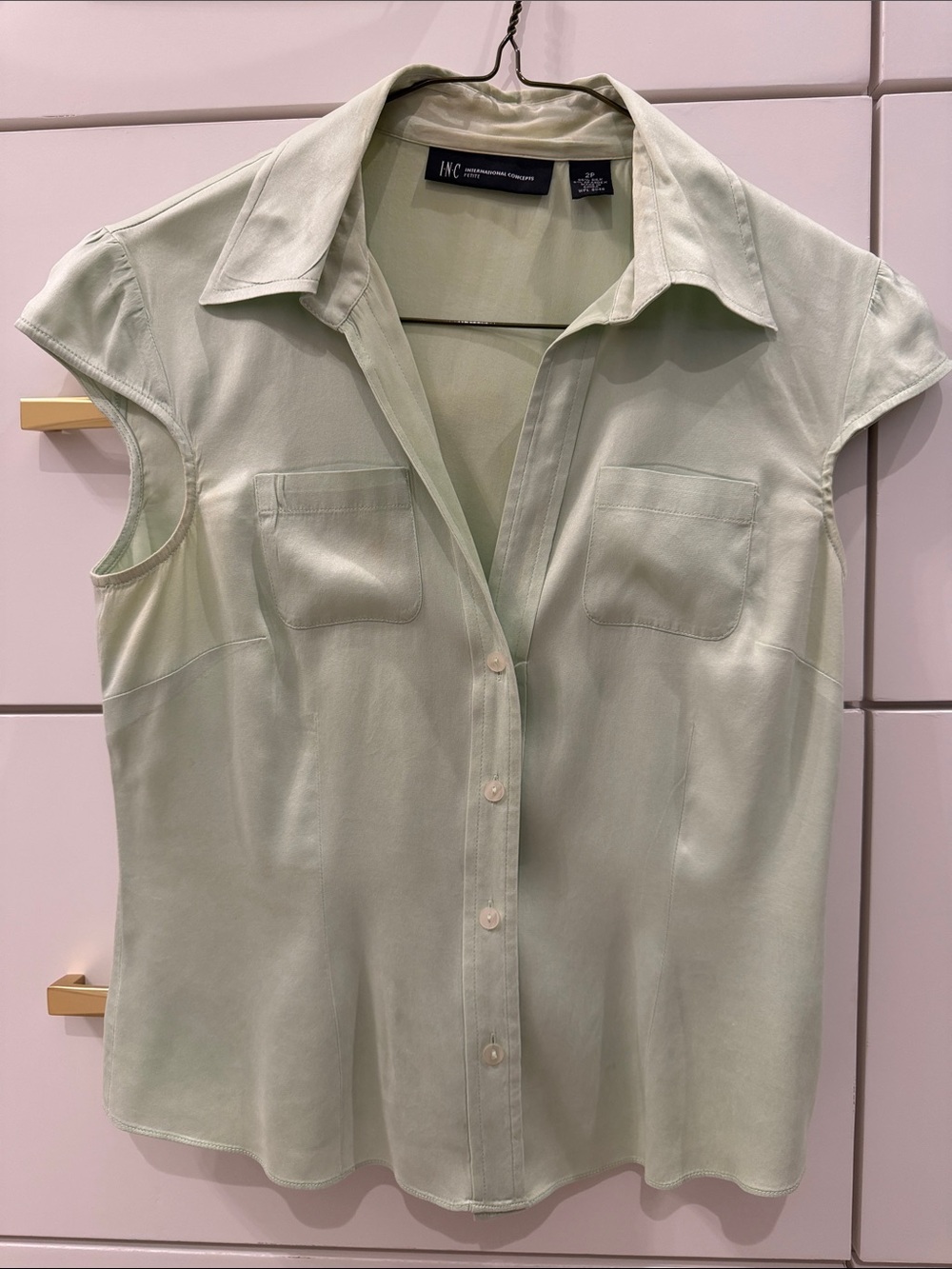INC International Concepts Light Green, Cap-Sleeve Button-Front Blouse